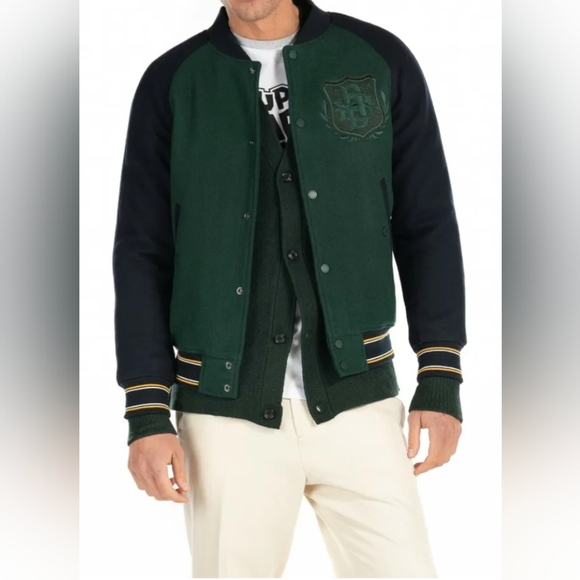 Superdry Upstate Bomber Jacket Dark Pine Green / Navy Wool Blend size M - Picture 1 of 11